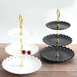 Fruktbrickaställ 3-vånings kronblad Dekorativt Avtagbart Plasttårtställ för bakverk Cupcakes Snacks Bröllopsfest Hem Svart Discount