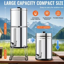 2.25G tyngdekraftvandfilter bordpladesystem, rustfrit stål, 2 filtre, effektiv vandrensning, BPA-fri. Hot