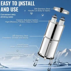 2.25G tyngdekraftvandfilter bordpladesystem, rustfrit stål, 2 filtre, effektiv vandrensning, BPA-fri. Hot