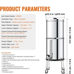 2.25G tyngdekraftvandfilter bordpladesystem, rustfrit stål, 2 filtre, effektiv vandrensning, BPA-fri. Hot