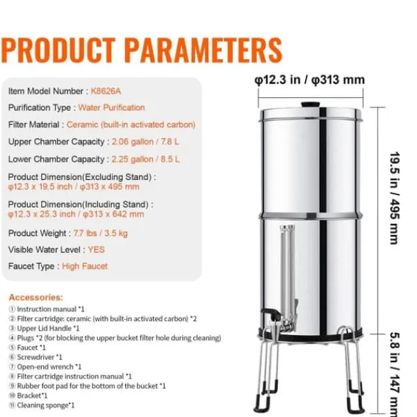 2.25G tyngdekraftvandfilter bordpladesystem, rustfrit stål, 2 filtre, effektiv vandrensning, BPA-fri. Hot