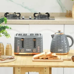 Brødristere, Raclettegrills Og Sandwichtoastere>HOMCOM Morgenmads-sæt: Elkedel (1,7L) og Brødrister (4 skiver) i elegant grå - perfekt til ethvert køkken