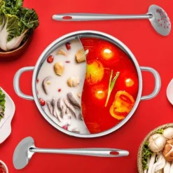 Hot Pot/Fonduegryde - Delt Yin-Yang - 32 cm - 304 Rustfrit Stål - Med Skeer - Militærgrøn Online