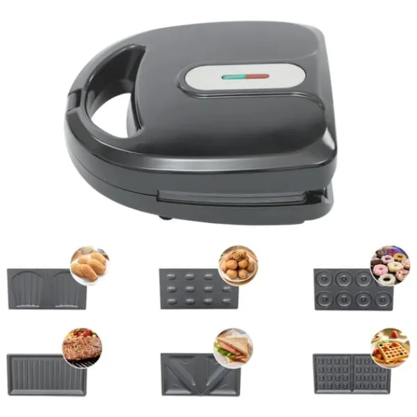 6‑i‑1 multifunktionelt vaffeljern & pandekagemaskine, sandwichmaker, 750 W, dobbelte varmeplader, foldbar, sort Sale