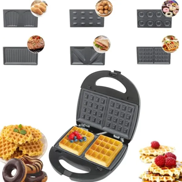 6‑i‑1 multifunktionelt vaffeljern & pandekagemaskine, sandwichmaker, 750 W, dobbelte varmeplader, foldbar, sort Sale