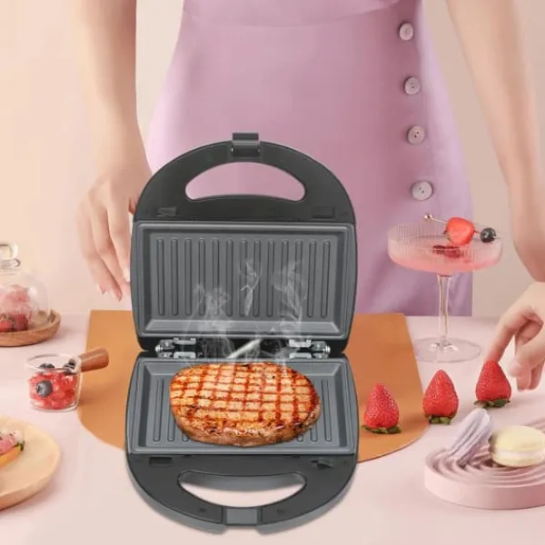 6‑i‑1 multifunktionelt vaffeljern & pandekagemaskine, sandwichmaker, 750 W, dobbelte varmeplader, foldbar, sort Sale