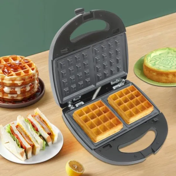 6‑i‑1 multifunktionelt vaffeljern & pandekagemaskine, sandwichmaker, 750 W, dobbelte varmeplader, foldbar, sort Sale