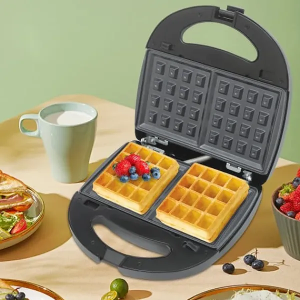 6‑i‑1 multifunktionelt vaffeljern & pandekagemaskine, sandwichmaker, 750 W, dobbelte varmeplader, foldbar, sort Sale