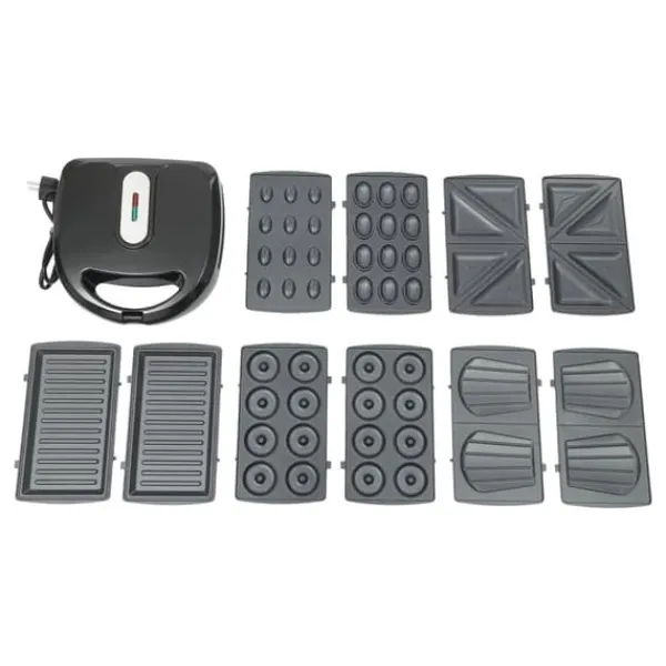 6‑i‑1 multifunktionelt vaffeljern & pandekagemaskine, sandwichmaker, 750 W, dobbelte varmeplader, foldbar, sort Sale