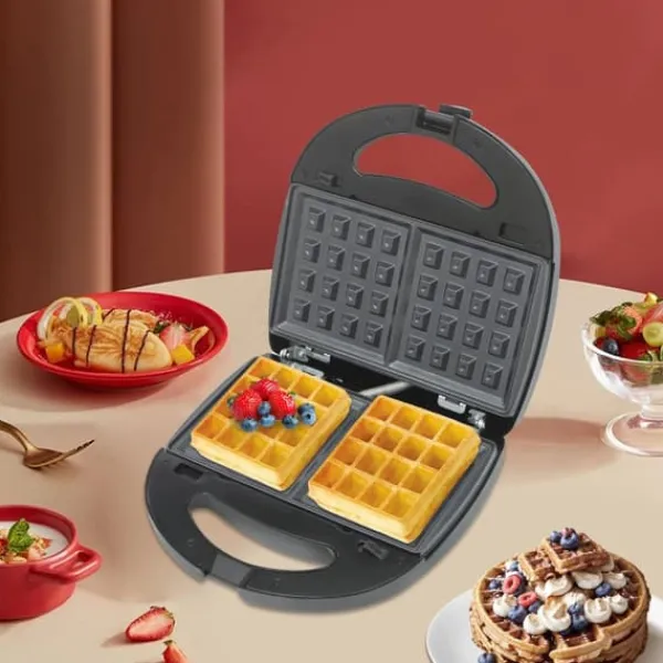 6‑i‑1 multifunktionelt vaffeljern & pandekagemaskine, sandwichmaker, 750 W, dobbelte varmeplader, foldbar, sort Sale