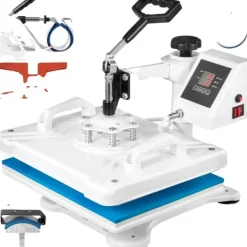 Damppresser>5-i-1 Varmepresse Maskine, 12"x 15" Teflon-belagt Plade, Dobbelt-Rør Opvarmning,Hvid