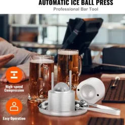 Barudstyrssæt>Ice Ball Press, 2,4" isterningepresser i aluminiumslegering til 60 mm isfære. Inkluderer tang og drypbakke til whisky, cocktails og fest. Sølv.