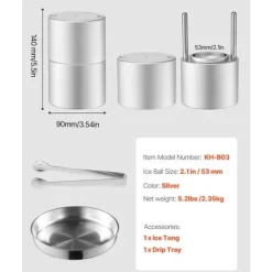 Ice Ball Press 2,1/53 mm, isčemester kit, perfekt til whisky, elegant sølvdesign, ideel til drinks og cocktails. New