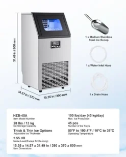 IJsblokjesmachine - Commerciële IJsmachine - Capaciteit 45 kg/dag - Opslag 13 kg - Vrijstaand of Onderbouw - RVS - LED-display - Zelfreinigend New