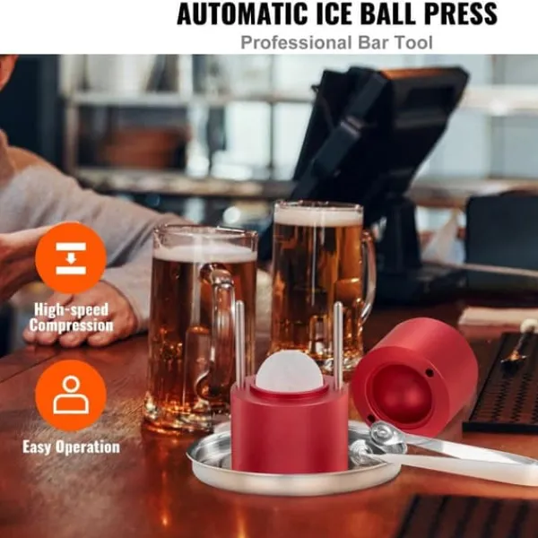 Ishulsform, 2,4" Isboldsproducent i letvægtslegering, til 60 mm is-sfærer. Inkl. tang og drypbakke - perfekt til whisky, cocktails og fester. Hot