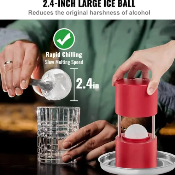 Ishulsform, 2,4" Isboldsproducent i letvægtslegering, til 60 mm is-sfærer. Inkl. tang og drypbakke - perfekt til whisky, cocktails og fester. Hot