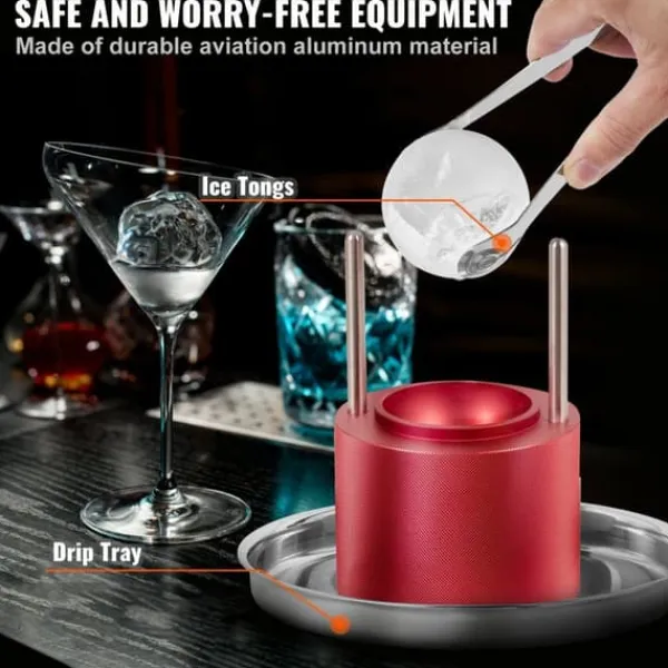 Ishulsform, 2,4" Isboldsproducent i letvægtslegering, til 60 mm is-sfærer. Inkl. tang og drypbakke - perfekt til whisky, cocktails og fester. Hot