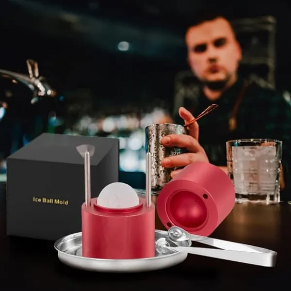 Ishulsform, 2,4" Isboldsproducent i letvægtslegering, til 60 mm is-sfærer. Inkl. tang og drypbakke - perfekt til whisky, cocktails og fester. Hot