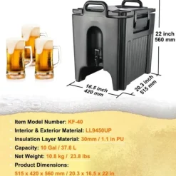 Isoleret drikkevaredispenser, 10 gallon, fødevaregodkendt LL9450UP til kolde og varme drikke. Termisk køler med to-trins hanehåndtag. Clearance