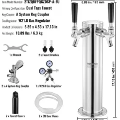 Kegerator tårnsæt, dobbelt haner øltårnsdispenser, 17.5x11.5x43.5 cm, rustfrit stål Discount