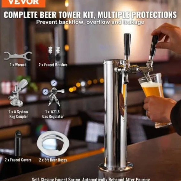 Kegerator tårnsæt, dobbelt haner øltårnsdispenser, 17.5x11.5x43.5 cm, rustfrit stål Discount