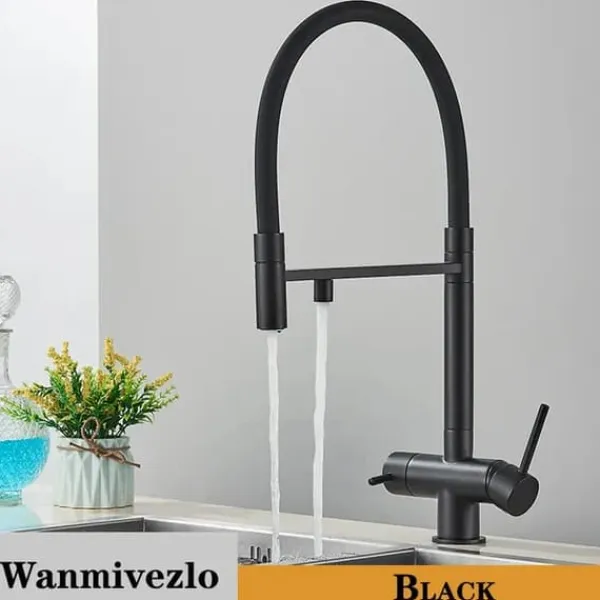 Vandfiltre>Køkken Vandfilterhane, Børstet Guld Finish, Dobbelt Tud Rotation, Sort A