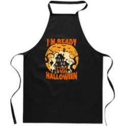 KØKKENFORKLEDE med print "Klar til HALLOWEEN" og "Uhyggeligt sjovt slot".