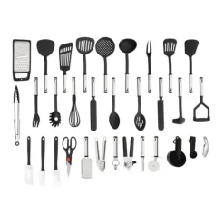 Køkkenredskabssæt - 40 dele - Nylon & rustfrit stål - Varmebestandigt - Skånsom mod non-stick - Med ophæng - Sort Outlet