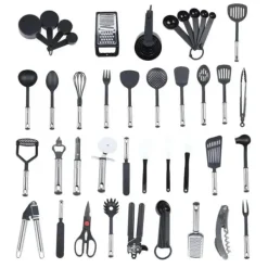 Køkkenredskabssæt - 40 dele - Nylon & rustfrit stål - Varmebestandigt - Skånsom mod non-stick - Med ophæng - Sort Outlet