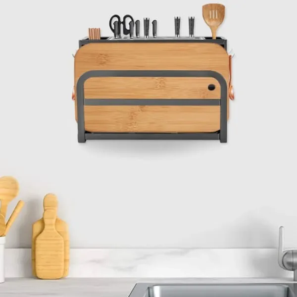 Køkkenorganisering>Knivholder - Knivblok - Kulstofstål - L‑form - Bord-/vægmontering - 25 kg bæreevne - Til 8–10 knive, klinge op til 20 cm - Skærebrætplads 4,5 cm