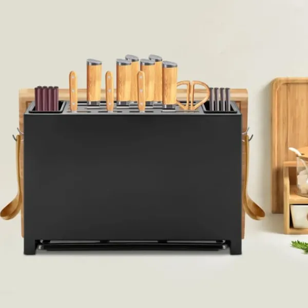 Køkkenorganisering>Knivholder - Knivblok - Kulstofstål - L‑form - Bord-/vægmontering - 25 kg bæreevne - Til 8–10 knive, klinge op til 20 cm - Skærebrætplads 4,5 cm