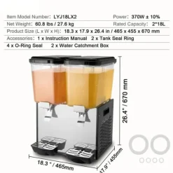 Kommerciel drikkevaredispenser 18L x 2 tanke, kold juice og isdrik dispenser, hold dine drikke kolde og forfriskende.