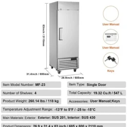 Kommerciel fryser 20,12 Cu.ft, opretstående enkeltdør, automatisk afrimning, rustfrit stål, Reach-in fryser med 3 hylder Outlet