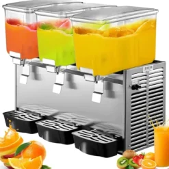 Kommerciel rustfri stål dispenser til kolde drikke med 3 tanke og termostat. Ideel til frugtjuice og iste – 9,6 gallon kapacitet.