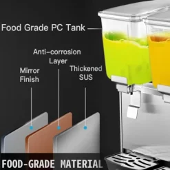 Kommerciel rustfri stål dispenser til kolde drikke med 3 tanke og termostat. Ideel til frugtjuice og iste – 9,6 gallon kapacitet.