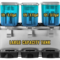 Kommerciel rustfri stål dispenser til kolde drikke med 3 tanke og termostat. Ideel til frugtjuice og iste – 9,6 gallon kapacitet.