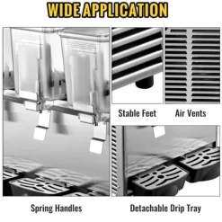 Kommerciel rustfri stål dispenser til kolde drikke med 3 tanke og termostat. Ideel til frugtjuice og iste – 9,6 gallon kapacitet.