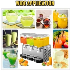 Kommerciel rustfri stål dispenser til kolde drikke med 3 tanke og termostat. Ideel til frugtjuice og iste – 9,6 gallon kapacitet.