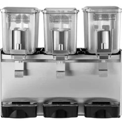 Kommerciel rustfri stål dispenser til kolde drikke med 3 tanke og termostat. Ideel til frugtjuice og iste – 9,6 gallon kapacitet.