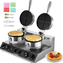 Kommerciel vaffelmaskine 2 hoveder, rund vaffeljern 2460W, non-stick, hurtig opvarmning, perfekt til bageri og cafe. Best