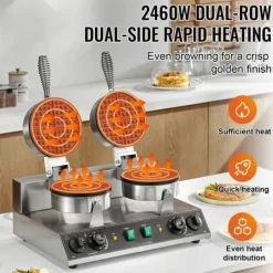 Kommerciel vaffelmaskine 2 hoveder, rund vaffeljern 2460W, non-stick, hurtig opvarmning, perfekt til bageri og cafe. Best
