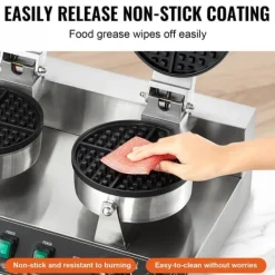 Kommerciel vaffelmaskine 2 hoveder, rund vaffeljern 2460W, non-stick, hurtig opvarmning, perfekt til bageri og cafe. Best