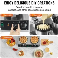 Kommerciel vaffelmaskine 2 hoveder, rund vaffeljern 2460W, non-stick, hurtig opvarmning, perfekt til bageri og cafe. Best