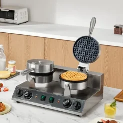 Kommerciel vaffelmaskine 2 hoveder, rund vaffeljern 2460W, non-stick, hurtig opvarmning, perfekt til bageri og cafe. Best