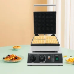 Vaffeljern>Kommercielt vaffeljern, non-stick vaffelbager, 50–300°C temperaturområde og tidskontrol, til caféer og bagerier, sølv