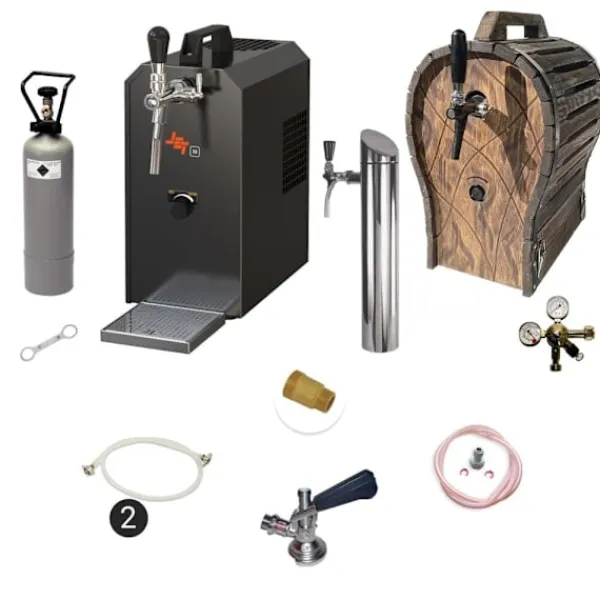 Ølhaner>Komplet sæt under bord - Fadølsanlæg JET 30 1 linje tør køler, 35 liter/h med trætønde, KEG:Type A