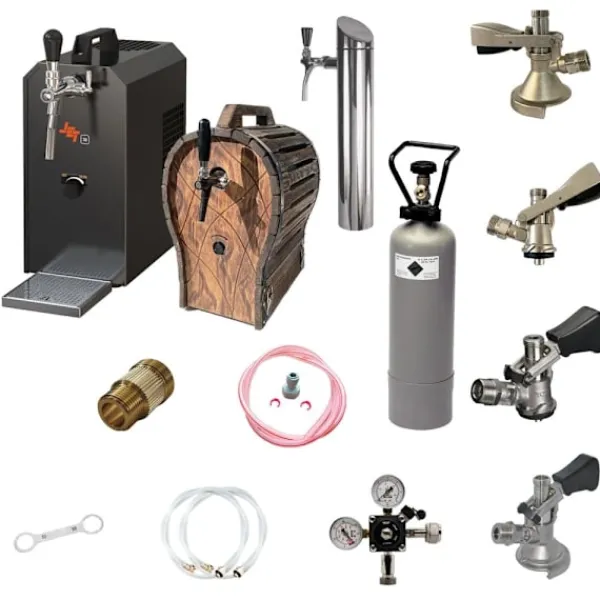 Ølhaner>Komplet sæt under bord - Fadølsanlæg JET 30 1 linje tør køler, 35 liter/h med trætønde, KEG:NC adapter