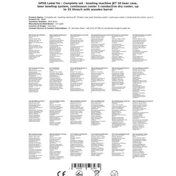 Ølhaner>Komplet sæt under bord - Fadølsanlæg JET 30 1 linje tør køler, 35 liter/h med trætønde, KEG:NC adapter