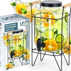 Krukke til drikkevarer med vandhane og stativ, sort, vandhane til drikkevarer, vand, limonade, 4,2L, VILDE 139600 Best
