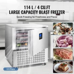 Frysere>114L kommerciel blæstfryser med 5 bakker, quick freeze til skaldyr og gelato, høj kapacitet, effektiv køleteknologi.